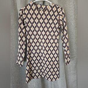 Zara Jacquard Knit Brown Geometric Retro Print Mini Shift Dress Size Small